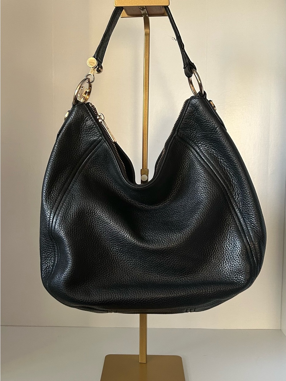 MICHAEL Michael Kors Black Pebbled Leather Hobo with Gold Hardware